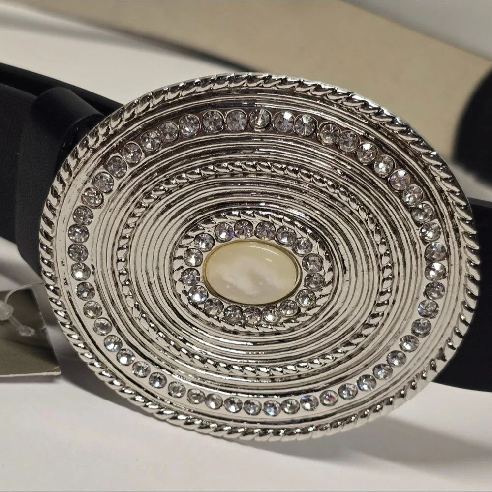 Chico's Black Embellished Boho Belt Rhinestones Buckle Size S/M Adjustable NWT